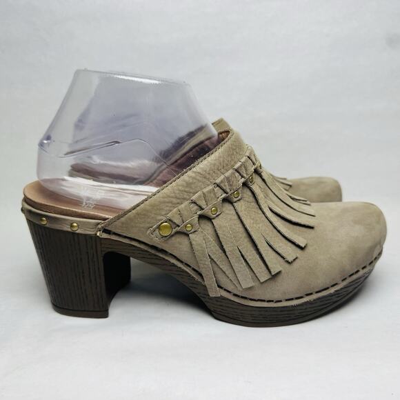 Dansko Deni Taupe Leather Fringe Studded 3” Heel Mule Clog Womens Size 38 US 8 - Picture 7 of 11
